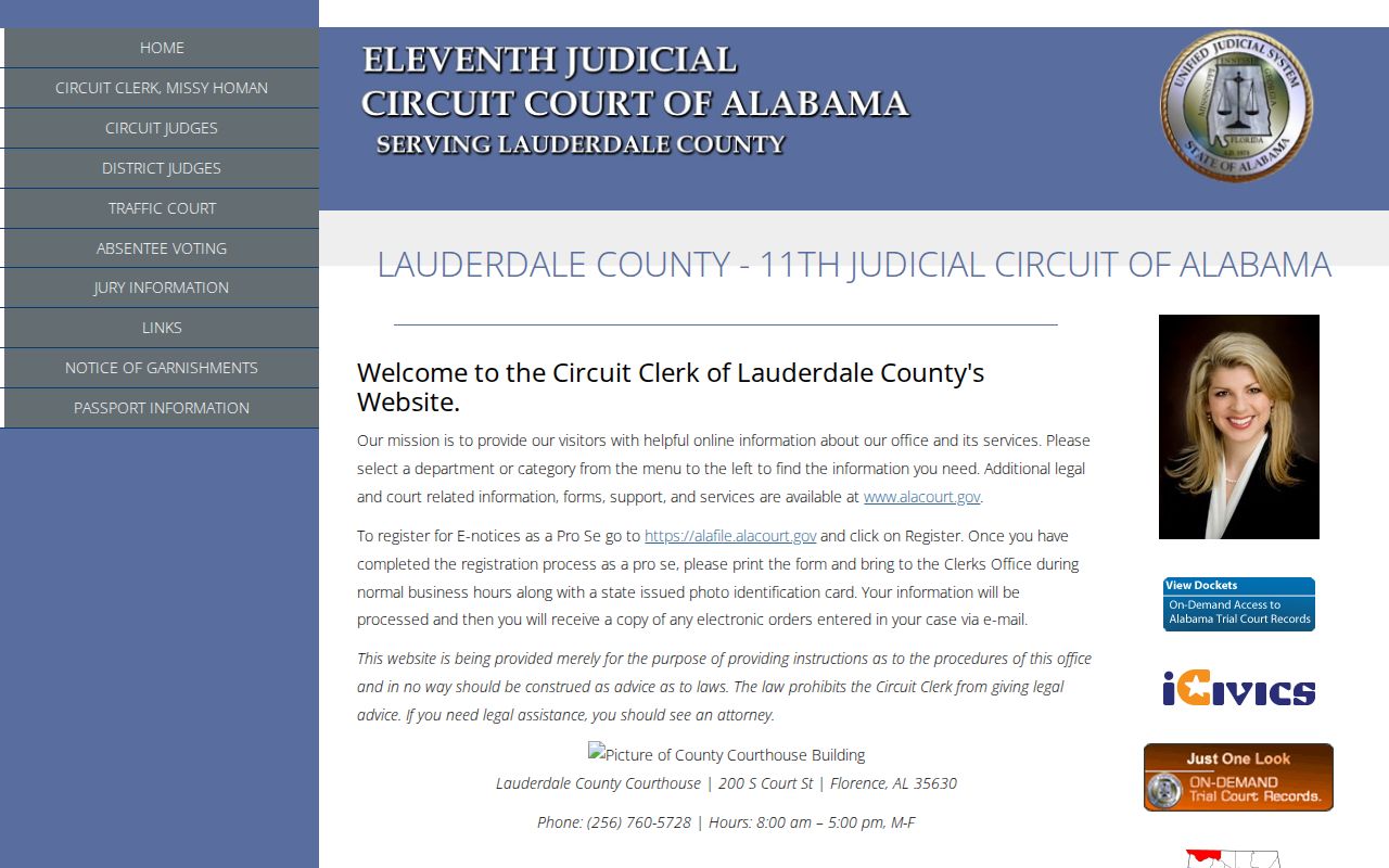 Lauderdale County court docket courthouse page