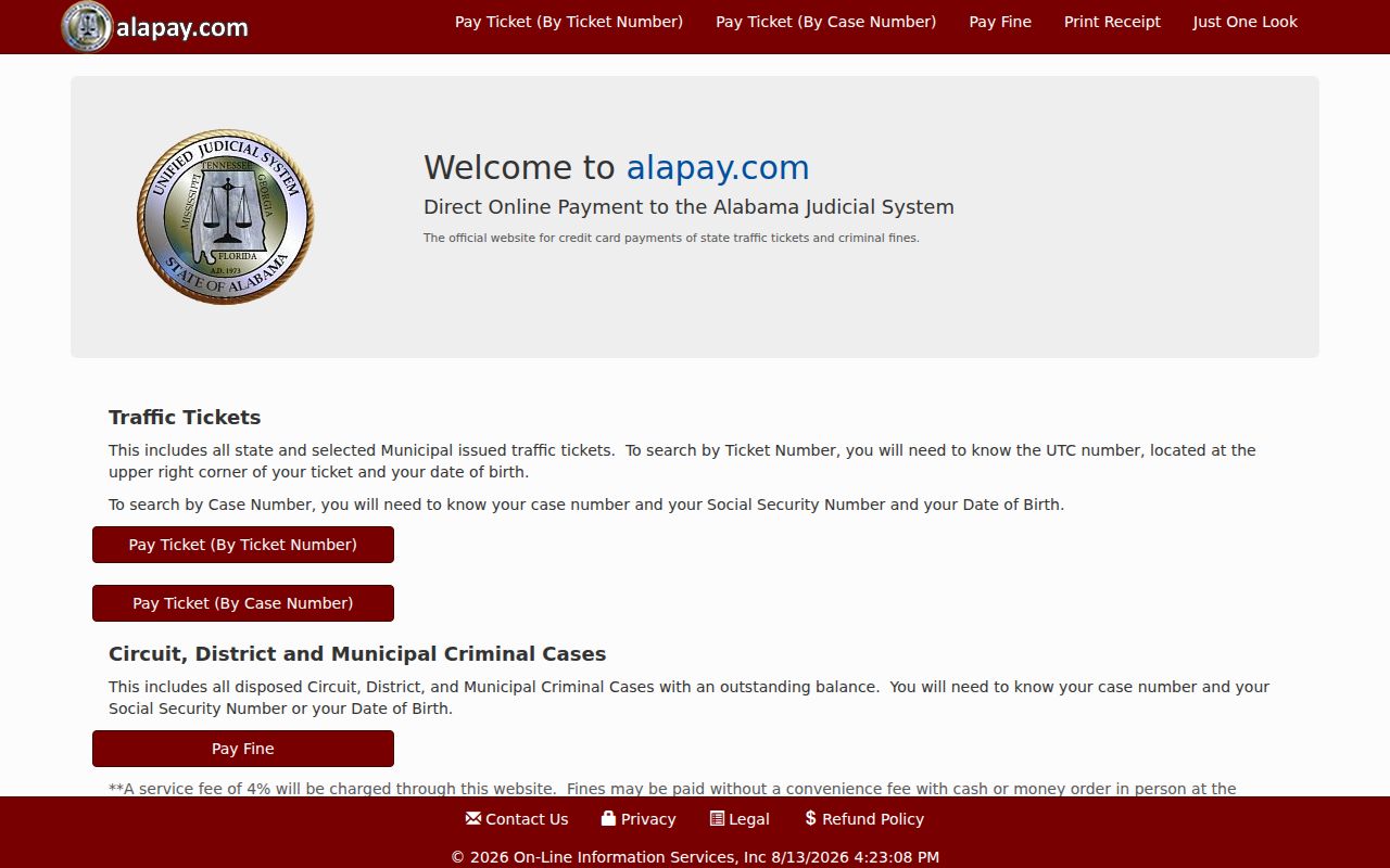 AlaPay portal for Lauderdale County traffic ticket payment