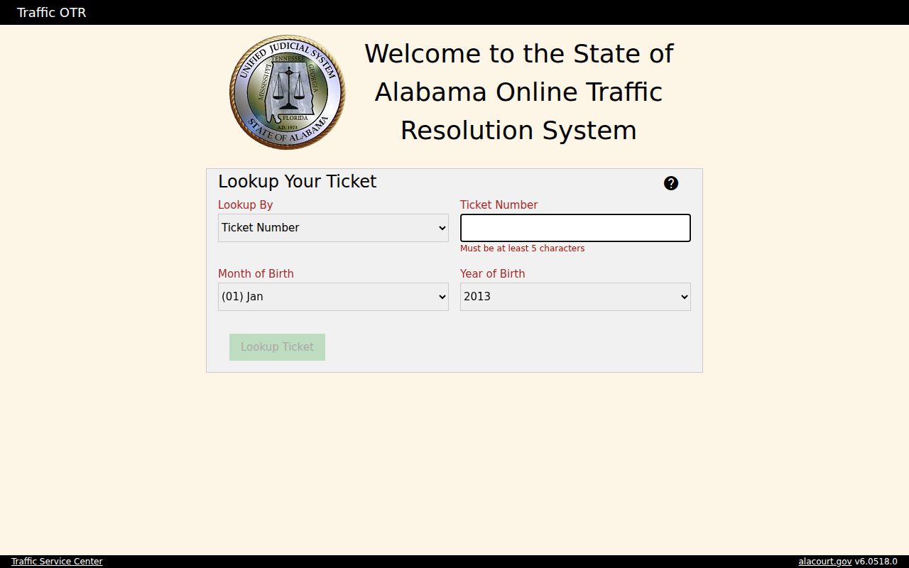 Online Traffic Resolution fields for Lauderdale County traffic tickets