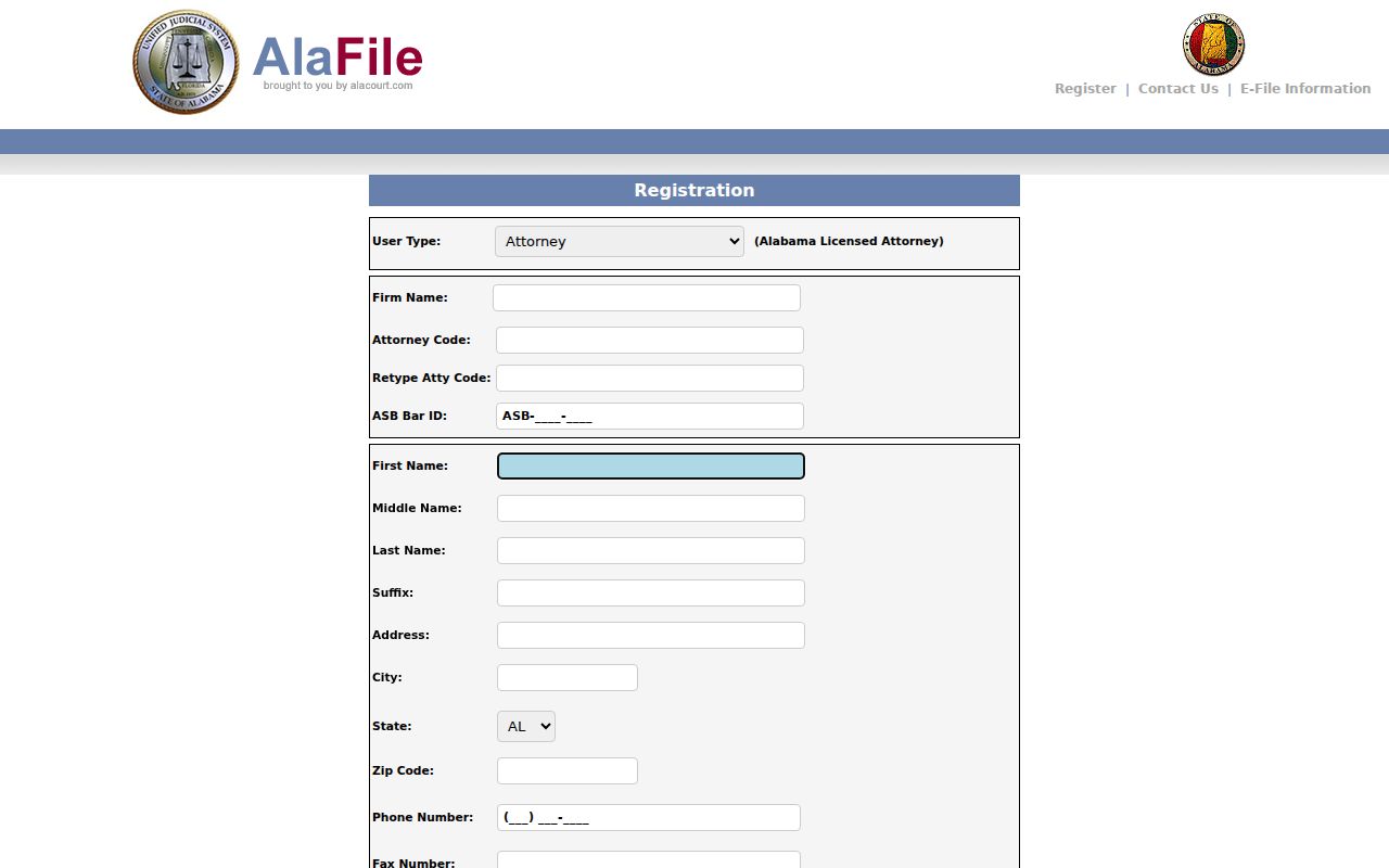 AlaFile registration fields related to Lauderdale County case lookup